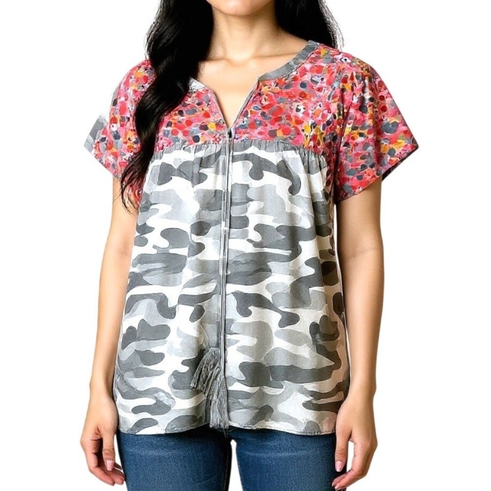 Savanna Jane Floral Camo‎ Print Peplum Top Gray Pink Boho Festival Medium